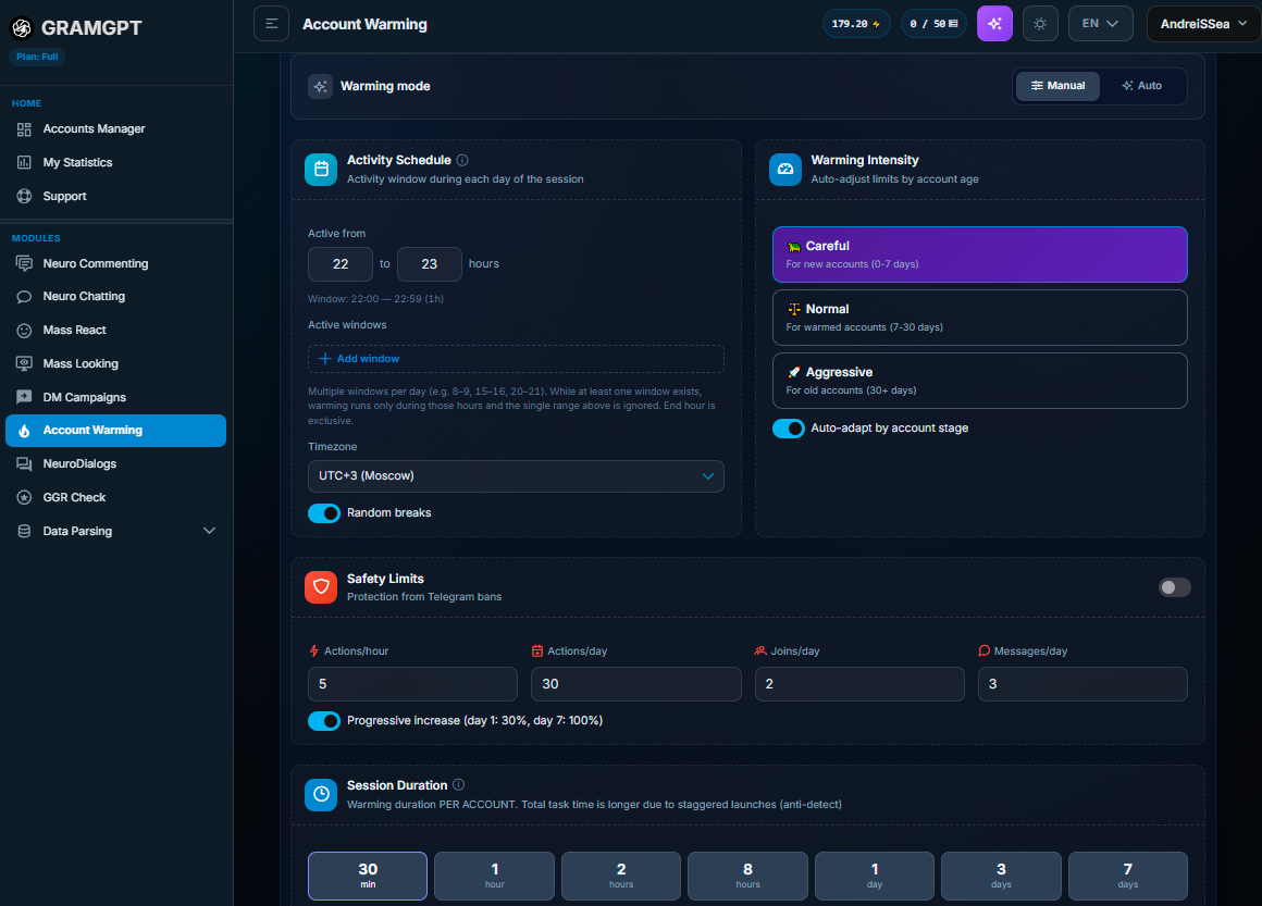 Basic Telegram account warming setup in GramGPT