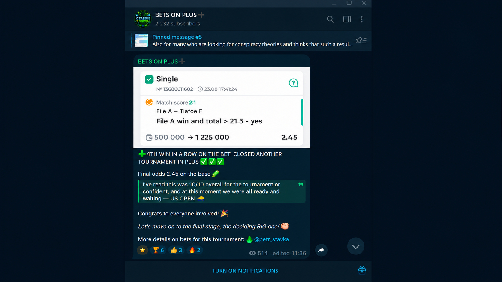 Betting vertical, Telegram channel with predictions