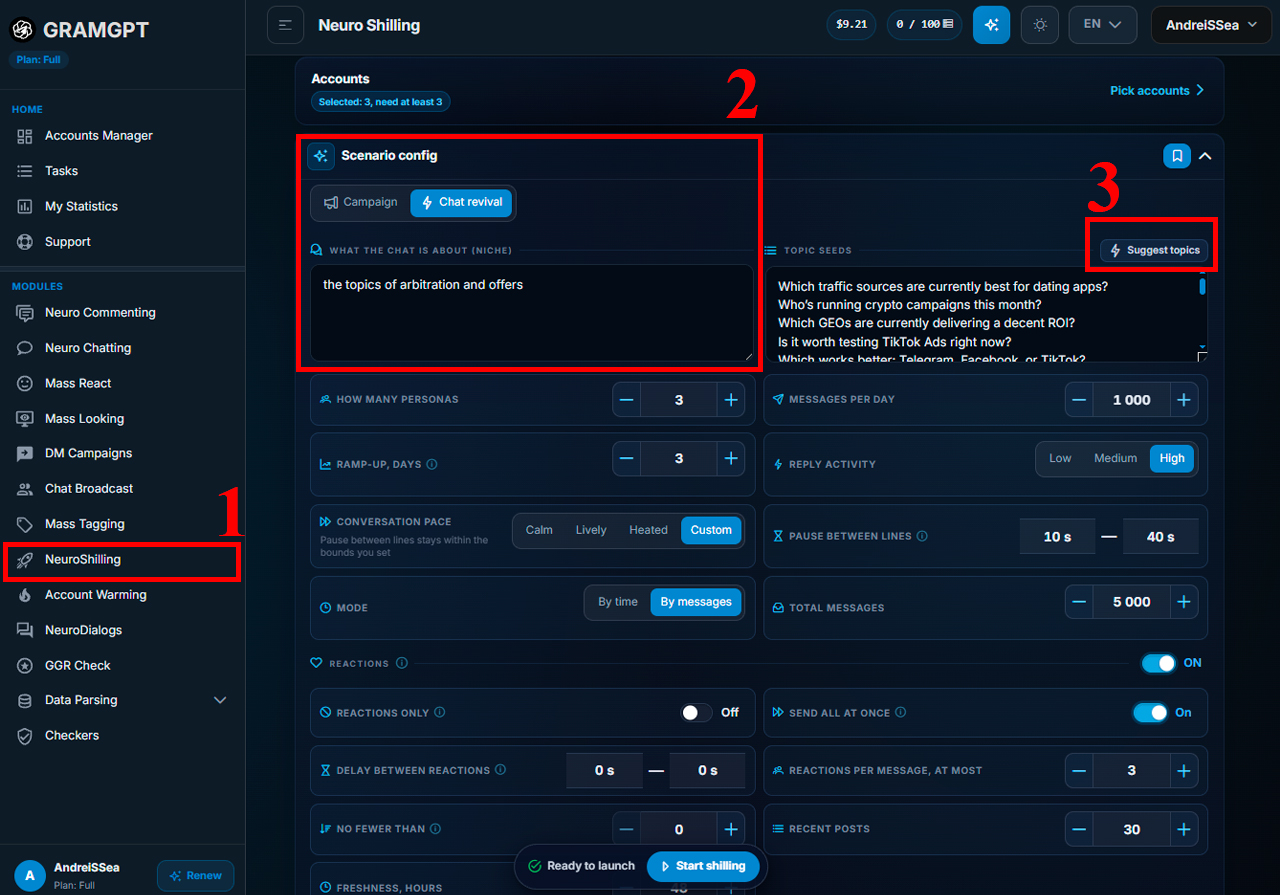 Configuring comment boosting in Telegram through Neuroshilling GramGPT.io