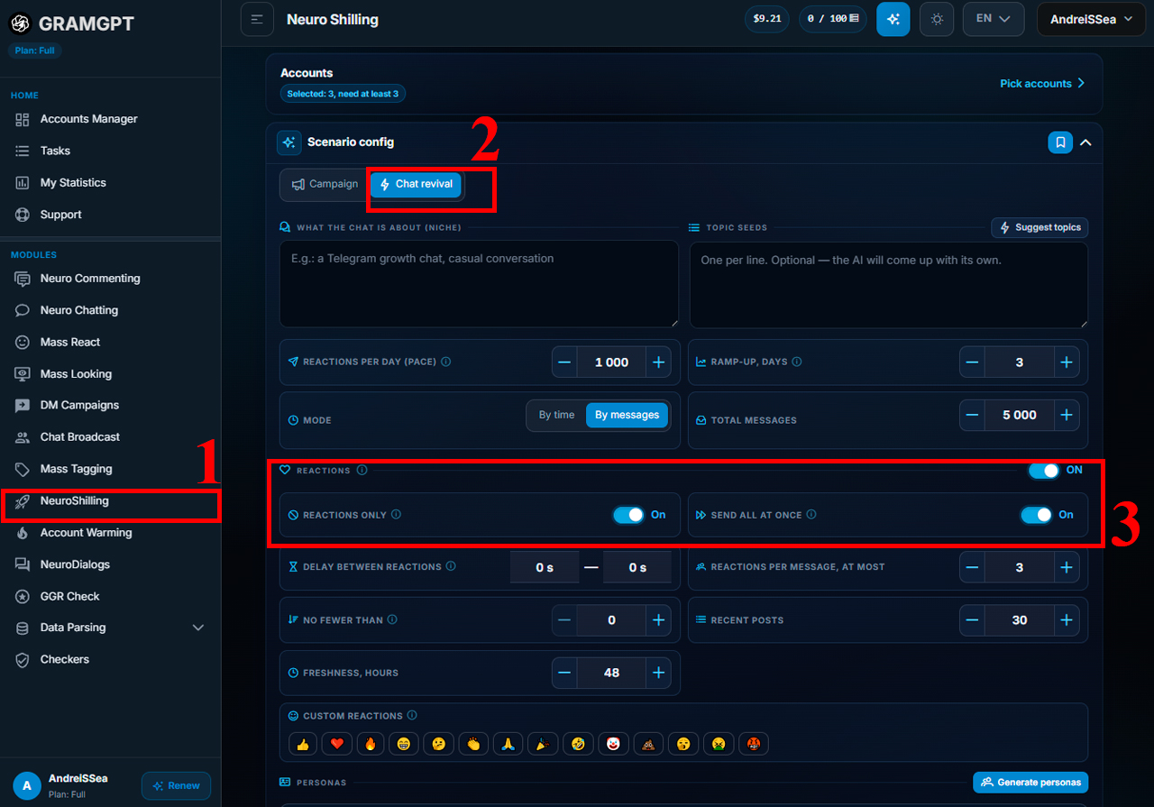 Configuring reaction boosting in a private Telegram channel through GramGPT.io