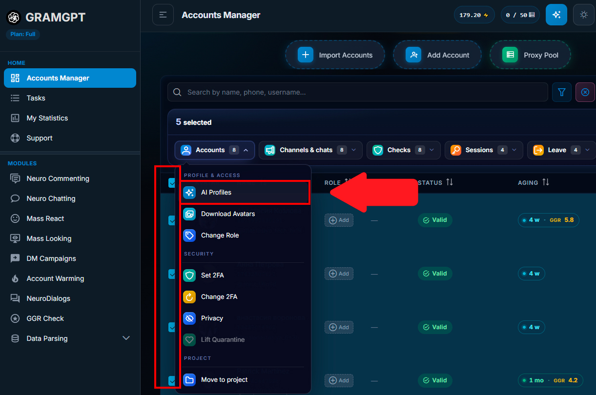 Bulk AI generation of Telegram account profiles in GramGPT.io