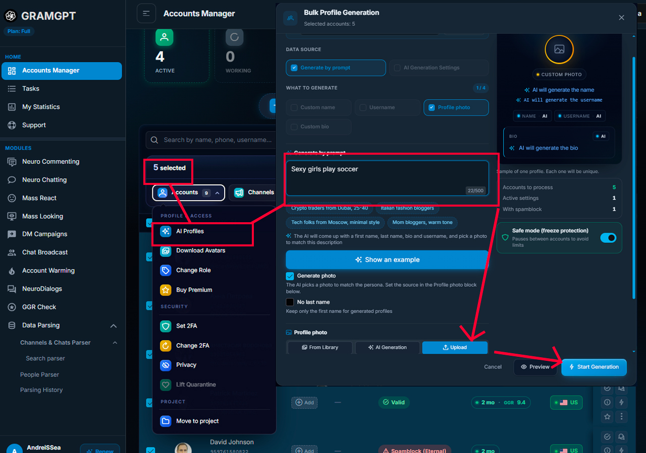 AI profile setup for promoting a Telegram sports betting channel through GramGPT Neurocommenting