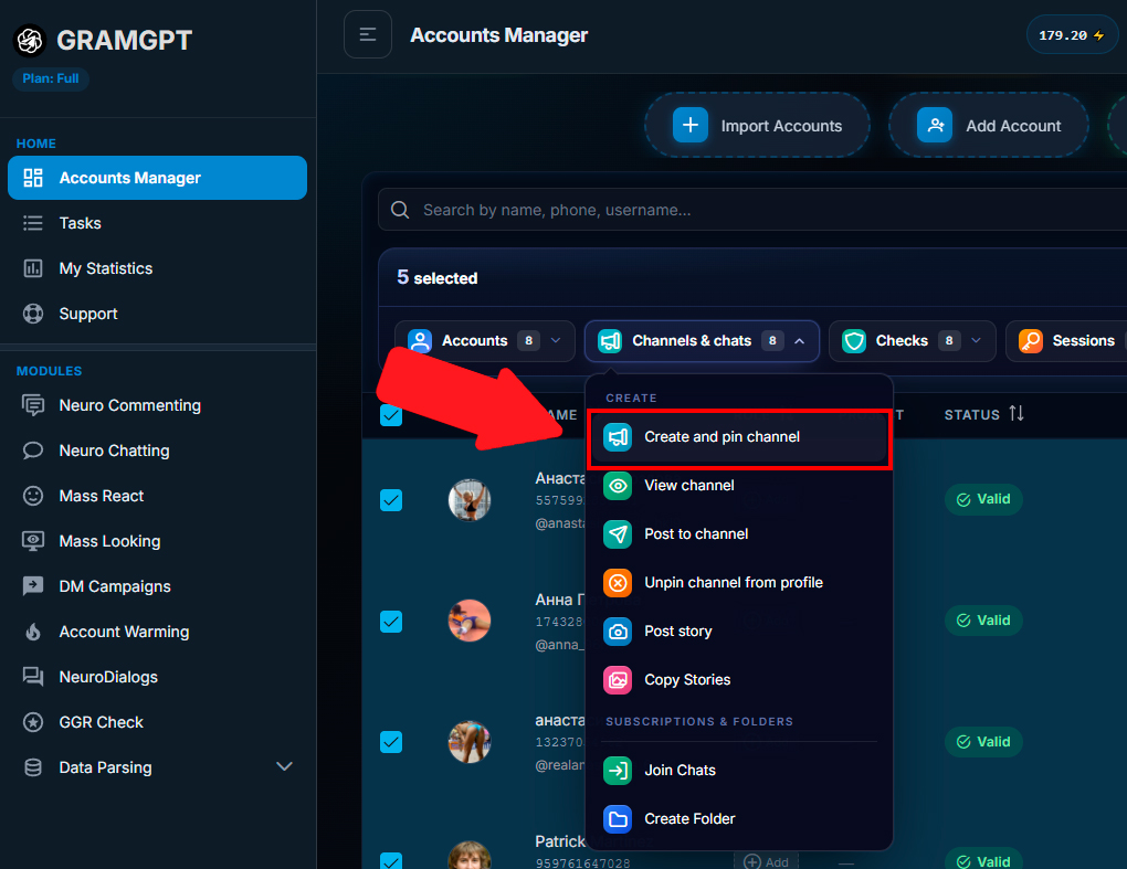 Bulk automatic creation of Telegram channels in GramGPT