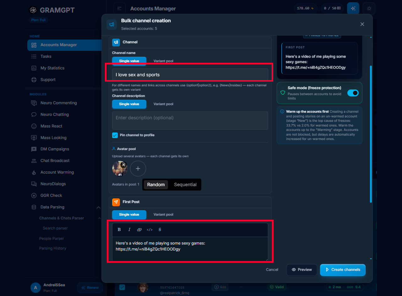 Mass creation of intermediary channels for all account profiles