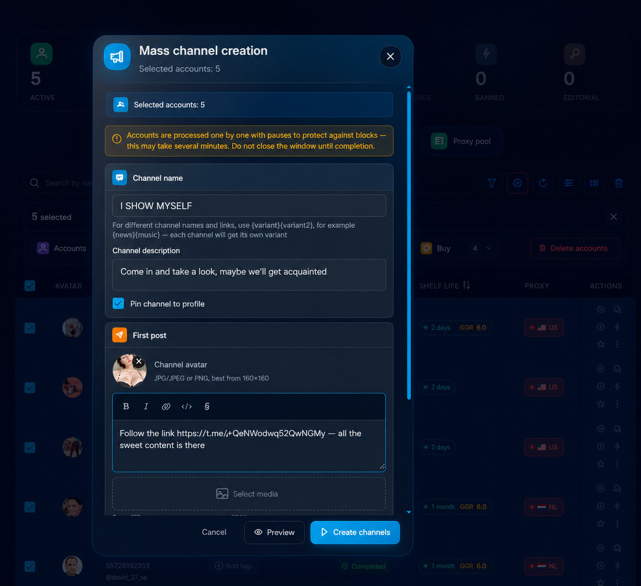Mass automated creation of Telegram channels in the GramGPT account manager