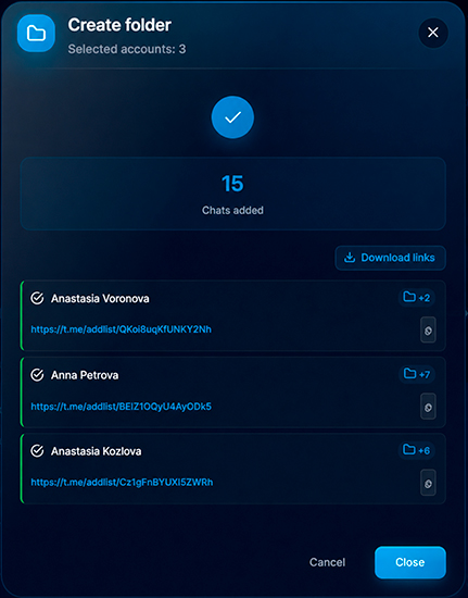 bulk folder creation through the Telegram account manager in GramGPT.io