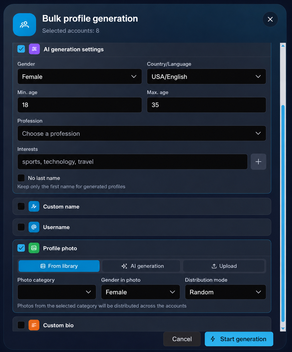 Bulk generation of AI Telegram account profiles for Neurocommenting in GramGPT