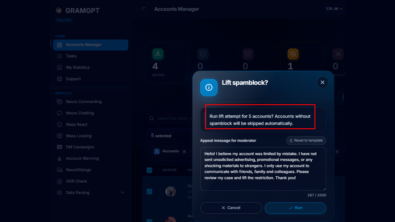 Mass removal of Telegram spam blocks through appeals in GramGPT