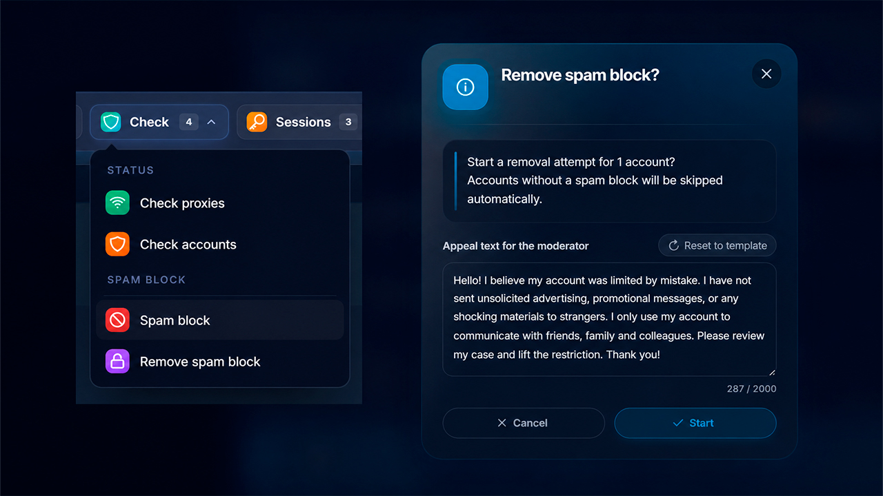 bulk spam block removal in Telegram