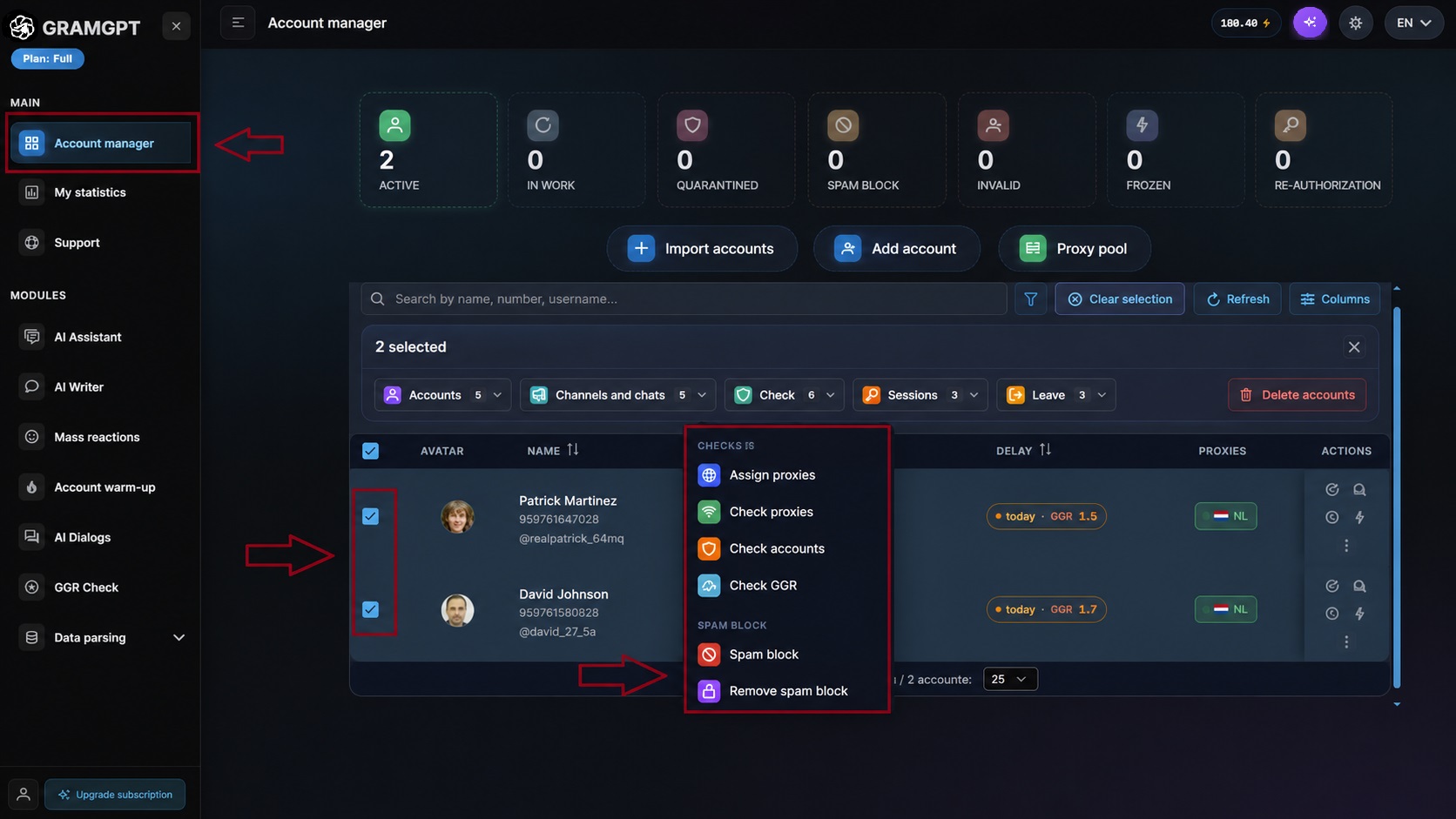 bulk Telegram spam block removal in GramGPT