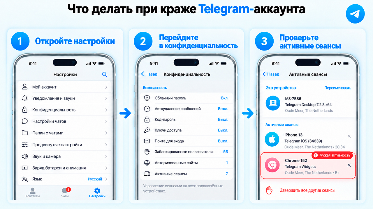 Проверьте активные сессии при краже Телеграм аккаунта