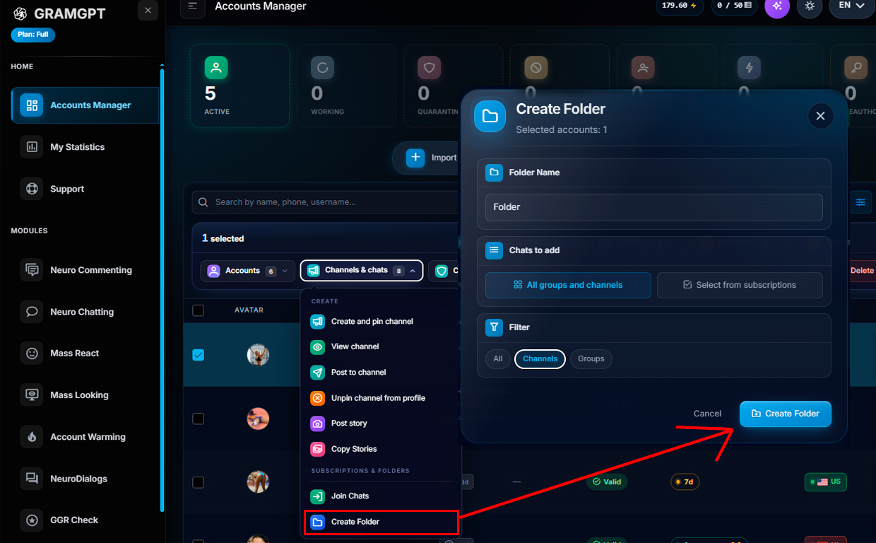 Collecting folders of channels and chats by subscriptions on the account in GramGPT