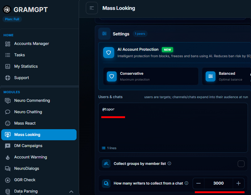 Collecting users through Telegram channels and chats for Mass Looking