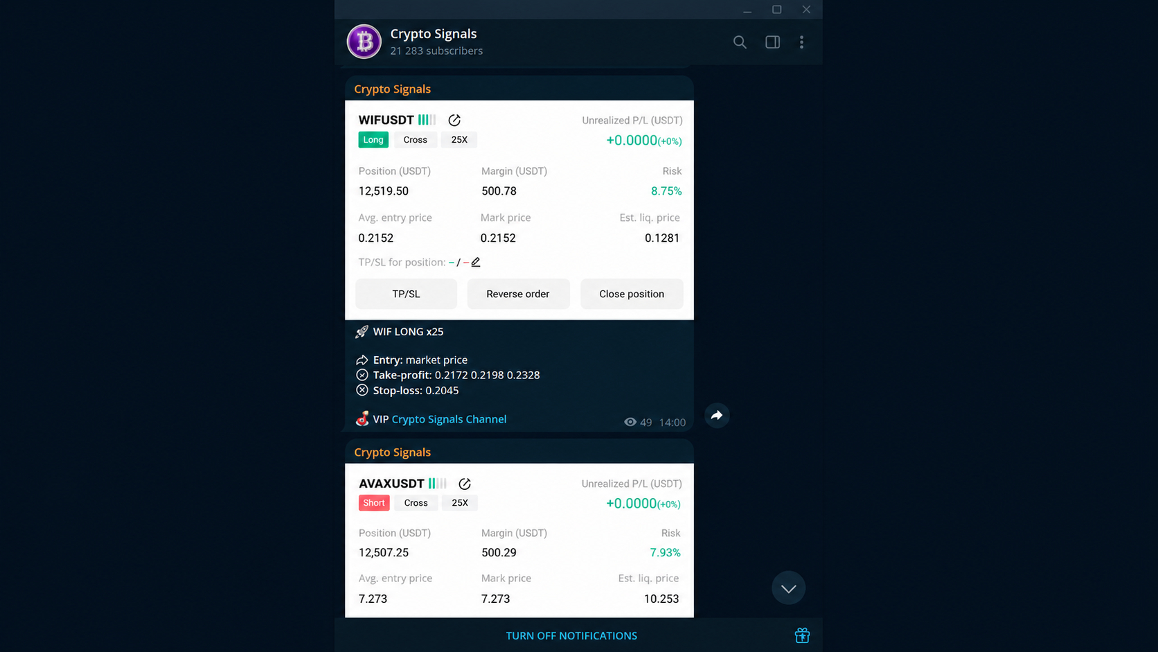Crypto vertical, Telegram channel with signals