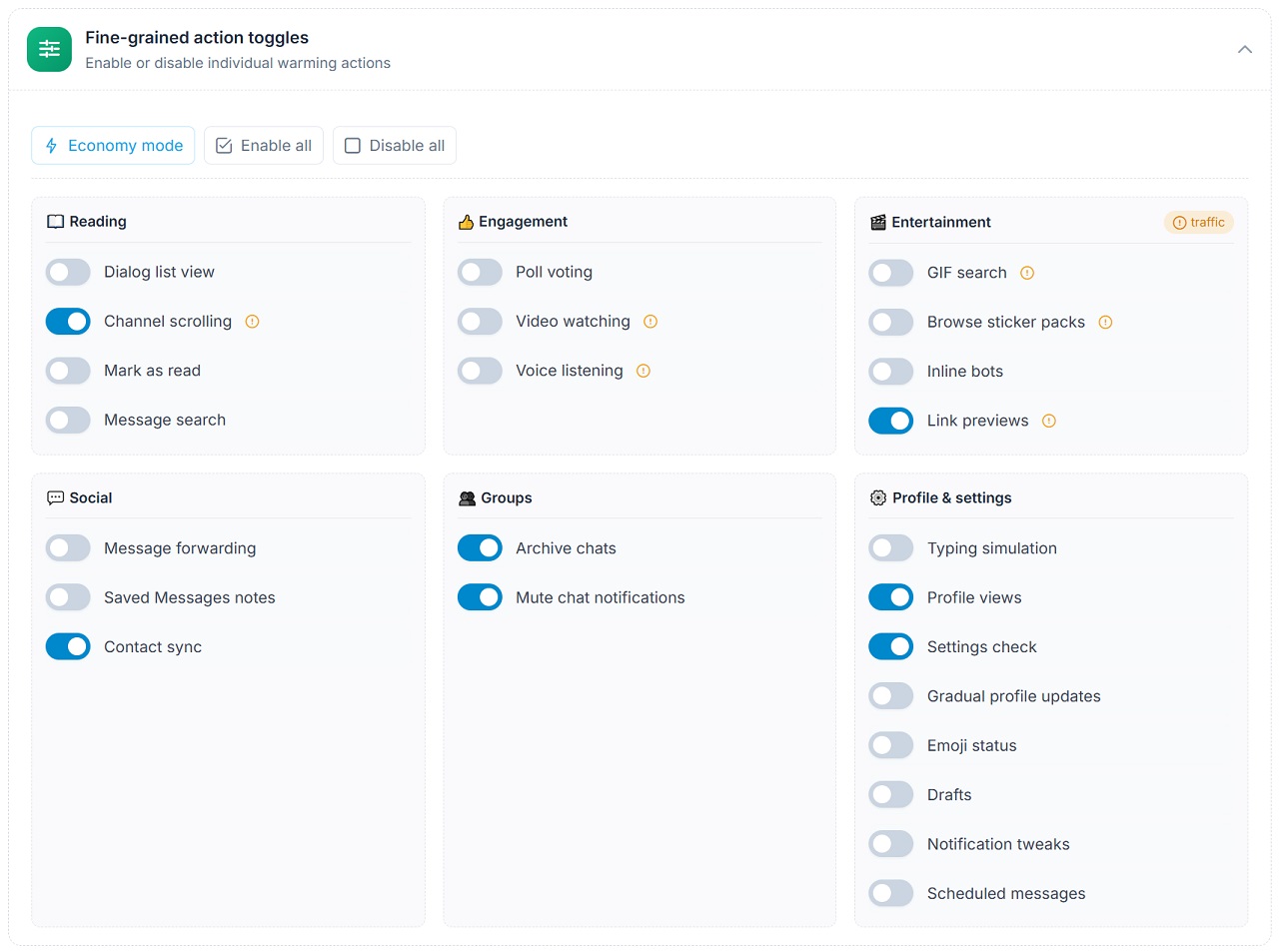 detailed settings for warming up Telegram accounts