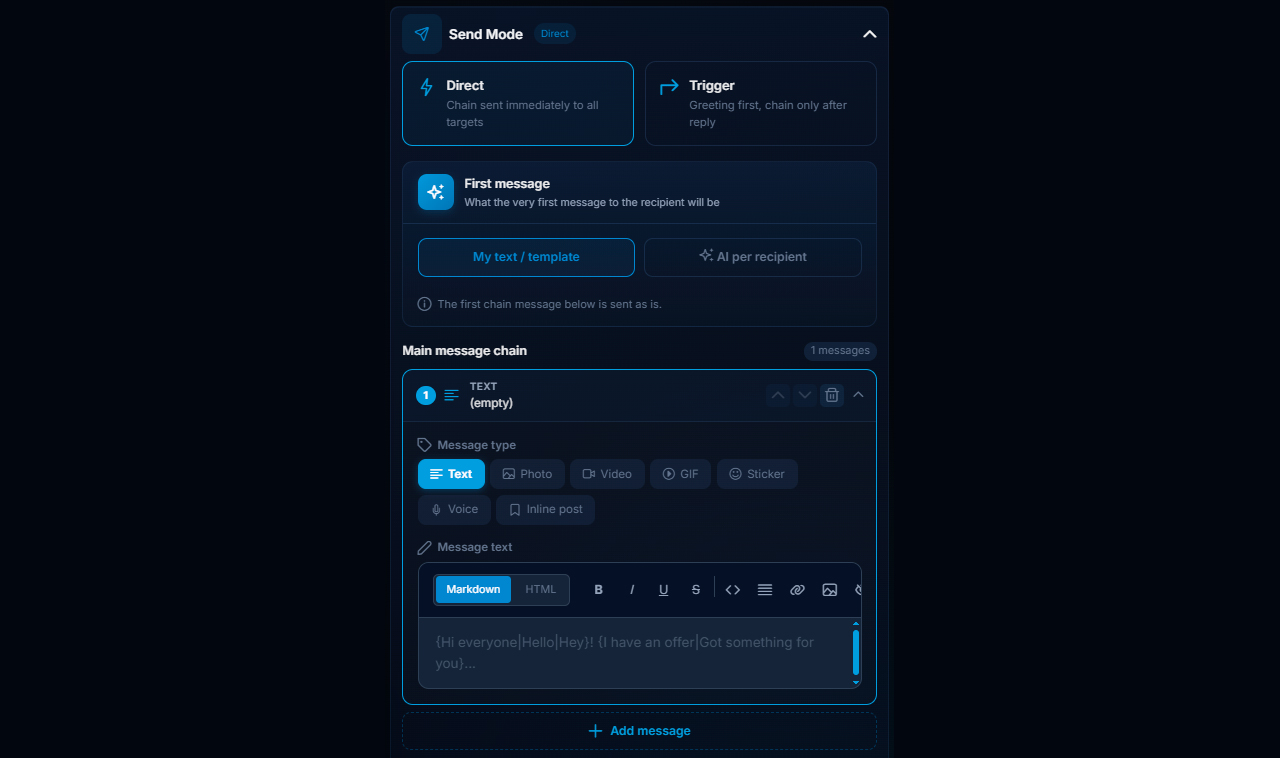 Setting up direct Telegram outreach via private messages in GramGPT.io