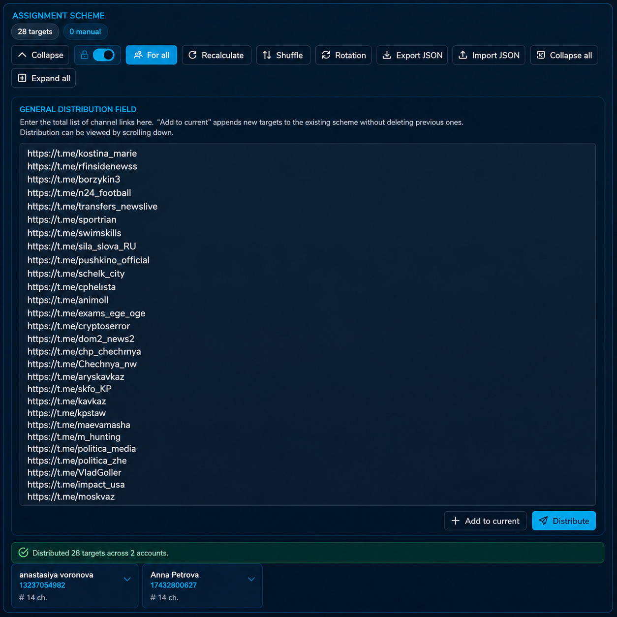 Distributing channels across Telegram accounts for neurocommenting work