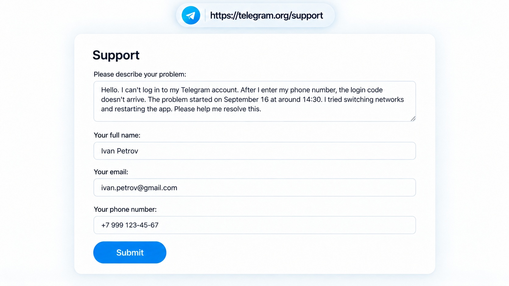 Example of a proper message to Telegram support