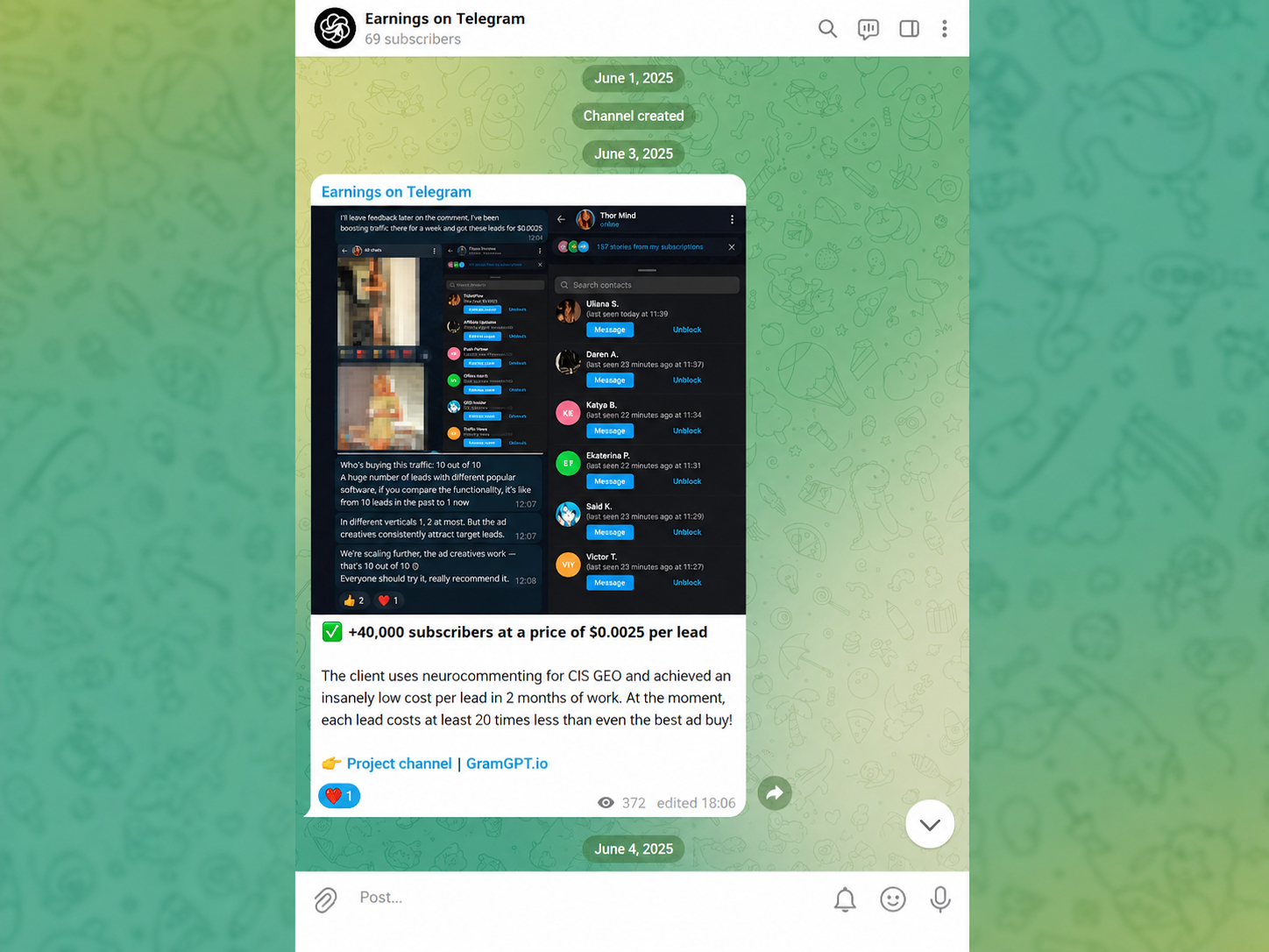 Example of an intermediary channel in Telegram