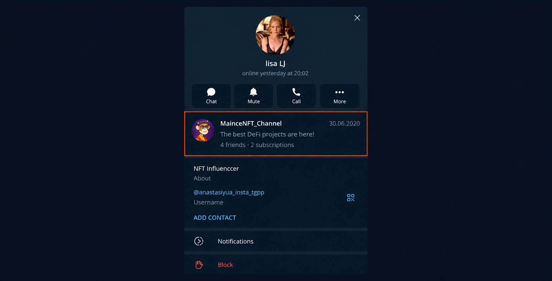 Example of a pinned Telegram channel in an account profile