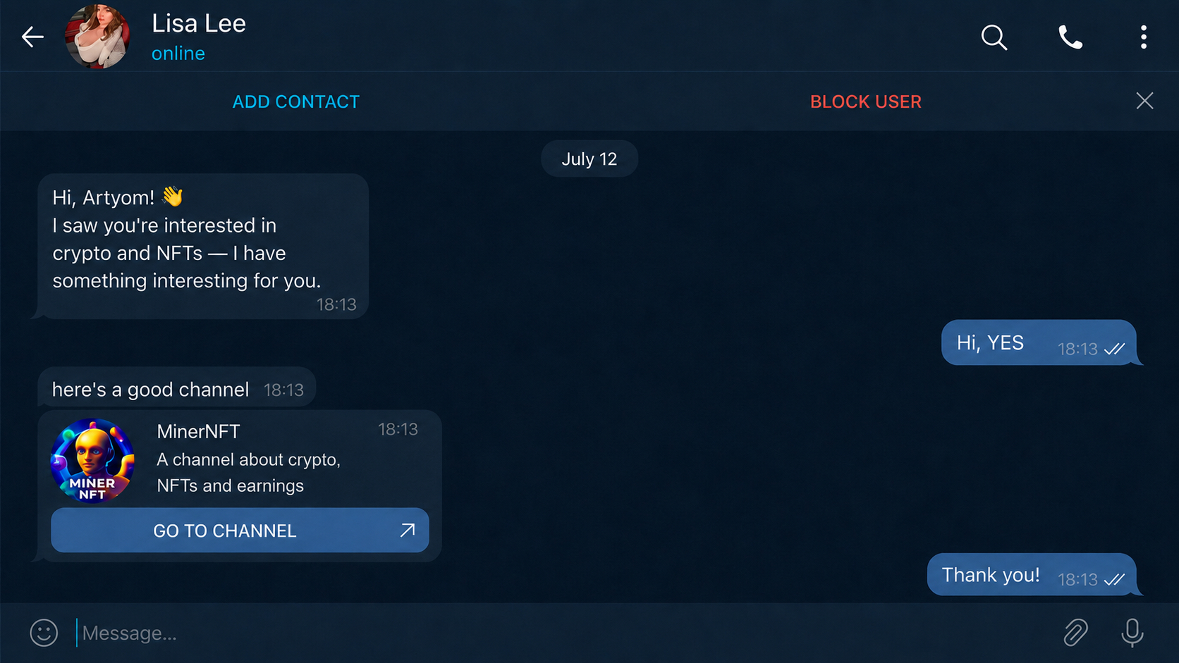 Example of Telegram DM Outreach in GramGPT.io