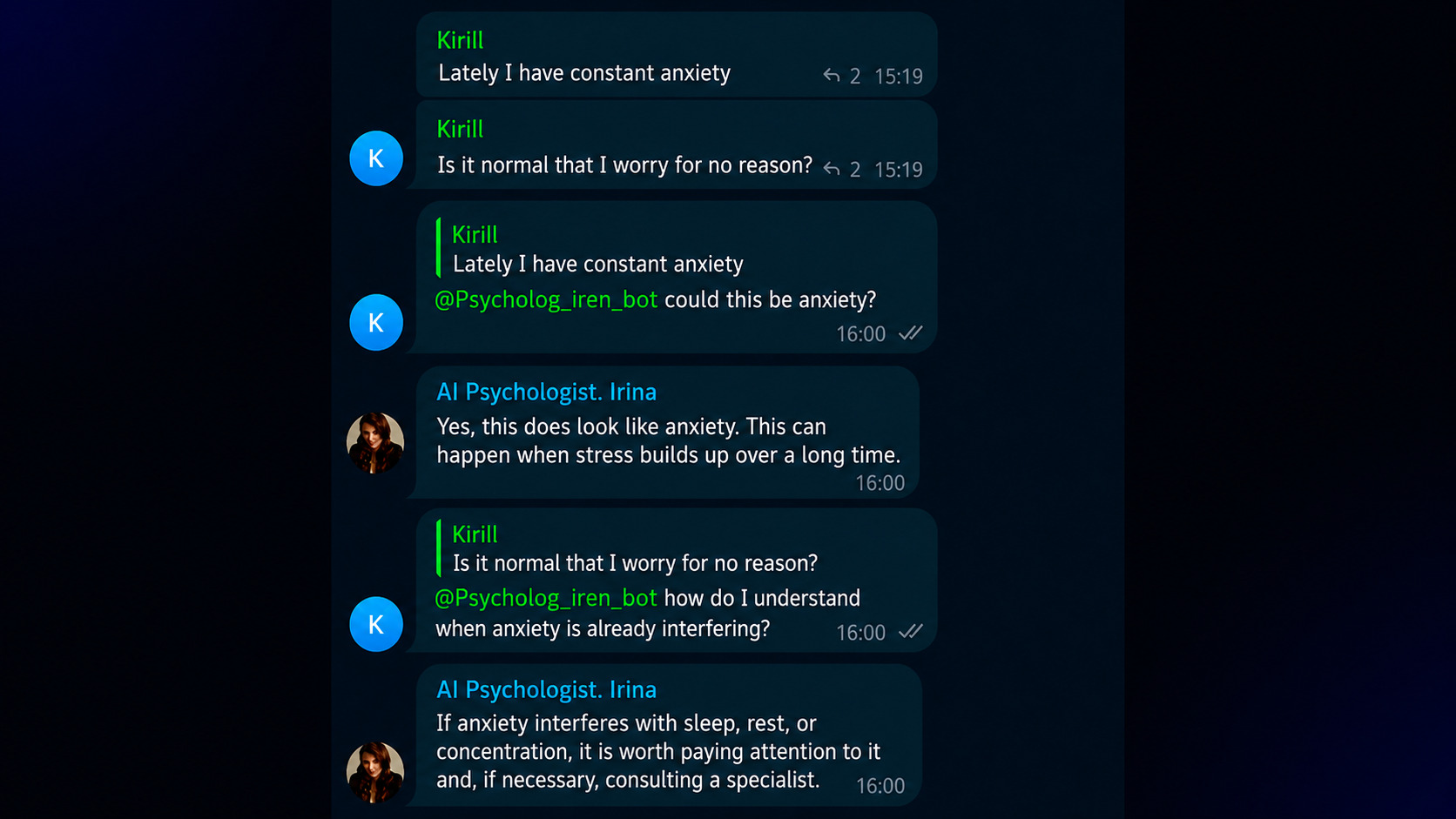 Example of promoting through a Telegram psychologist bot