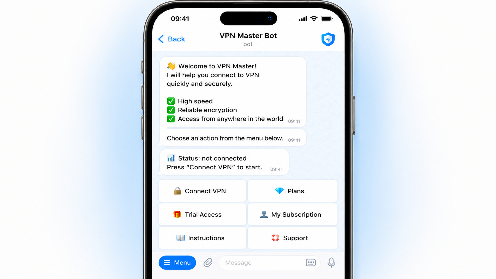 Example of a VPN bot interface in Telegram