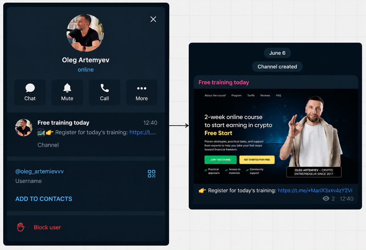 examples of Telegram profiles for crypto experts from YouTube