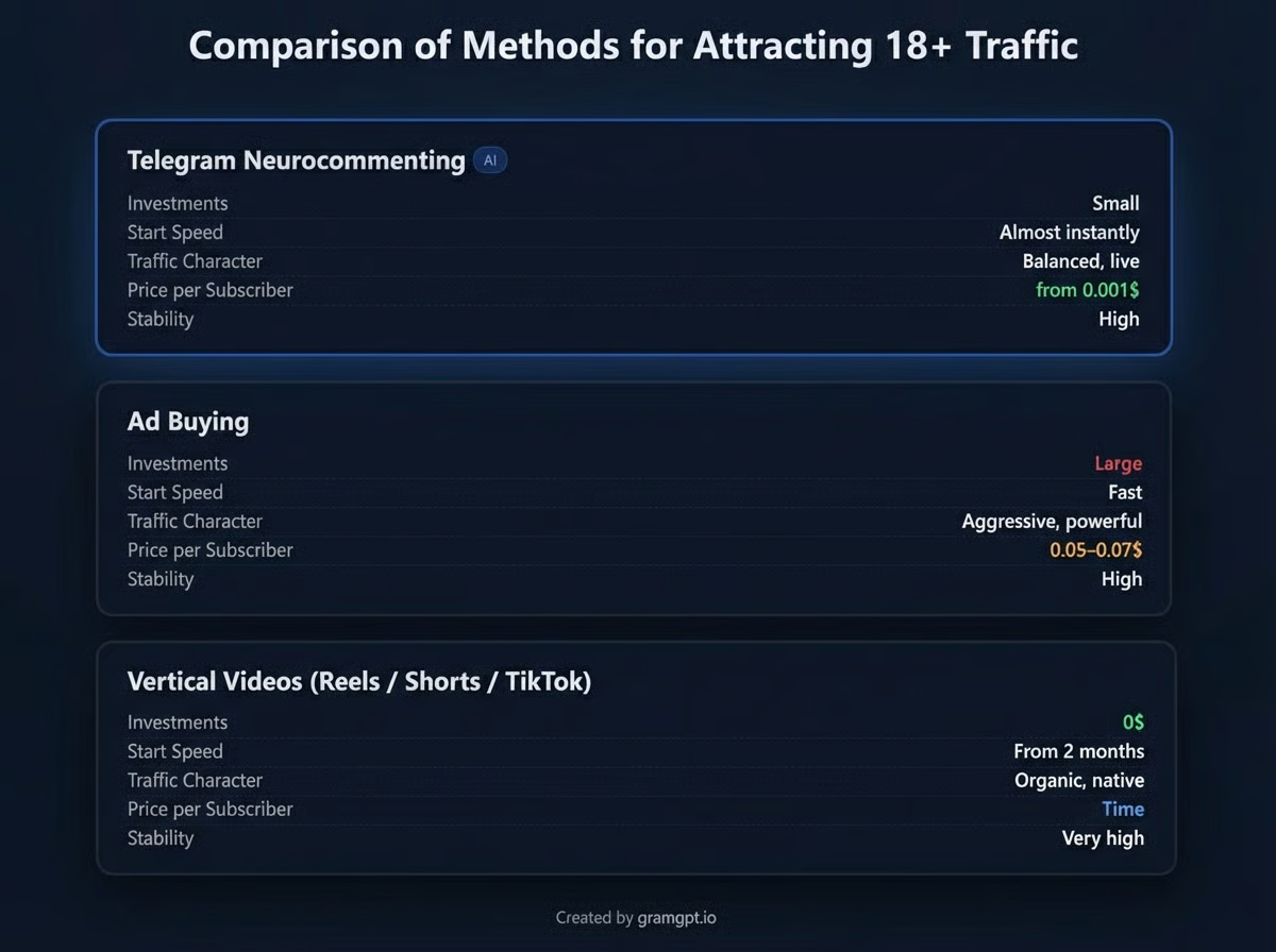 Comparison of 18+ traffic acquisition methods: neurocommenting on Telegram (cheap and fast), ad purchases, and vertical videos on Reels/Shorts/TikTok  Translate into English