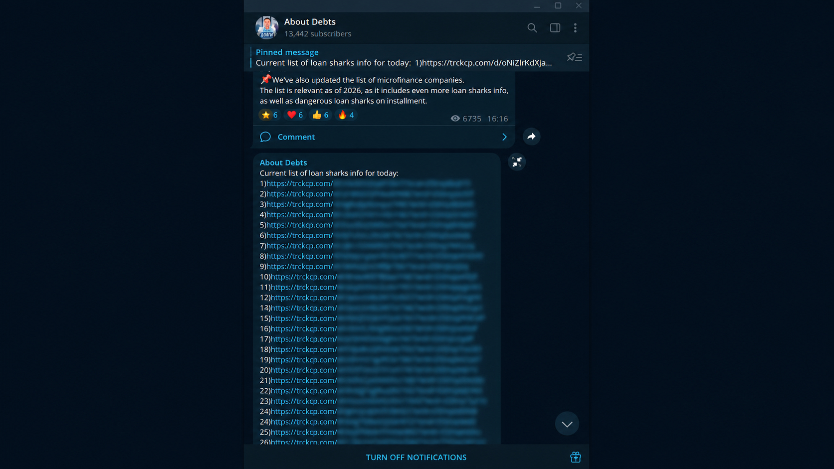 Finance vertical, Telegram channel about MFOs
