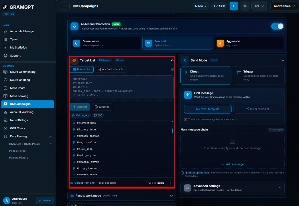 Adding users for Telegram direct-message outreach in GramGPT.io