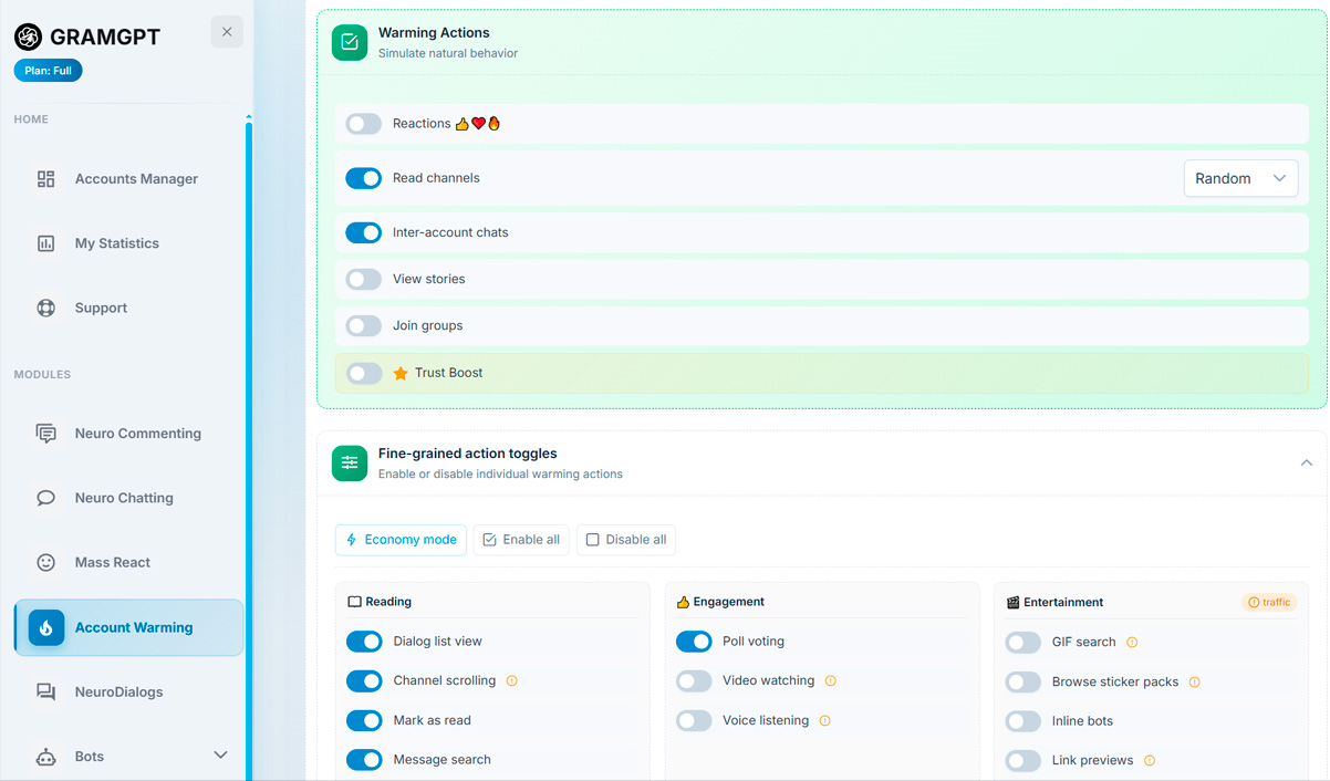 GRAMGPT Account Warm-Up Settings: Activity Schedule and Intensity