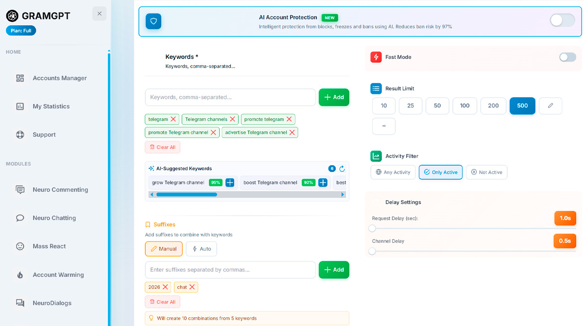 GramGPT Chat Search Settings: Keywords, Word Endings, and Participant Limits