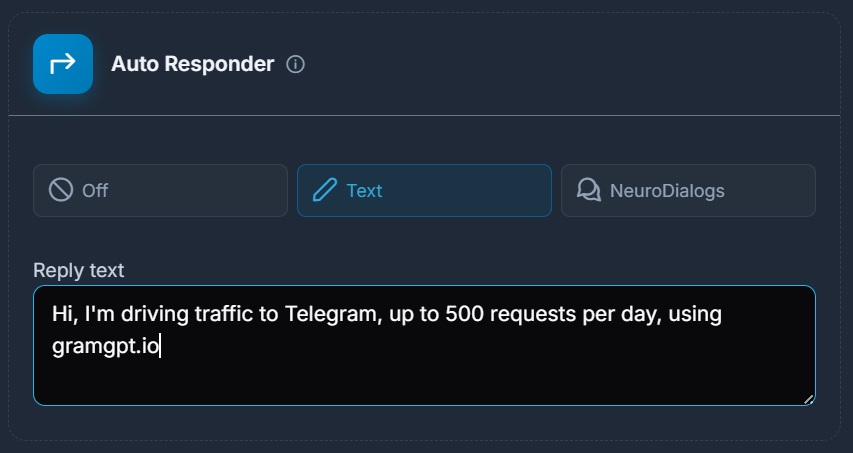 GramGPT interface: setting up an autoresponder and conversation context for intercepting leads in Telegram