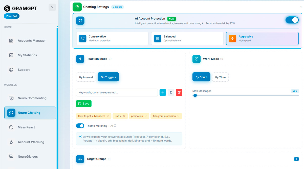 GRAMGPT Neurochatting Module Settings: Operating Modes and Response Parameters for Telegram Accounts