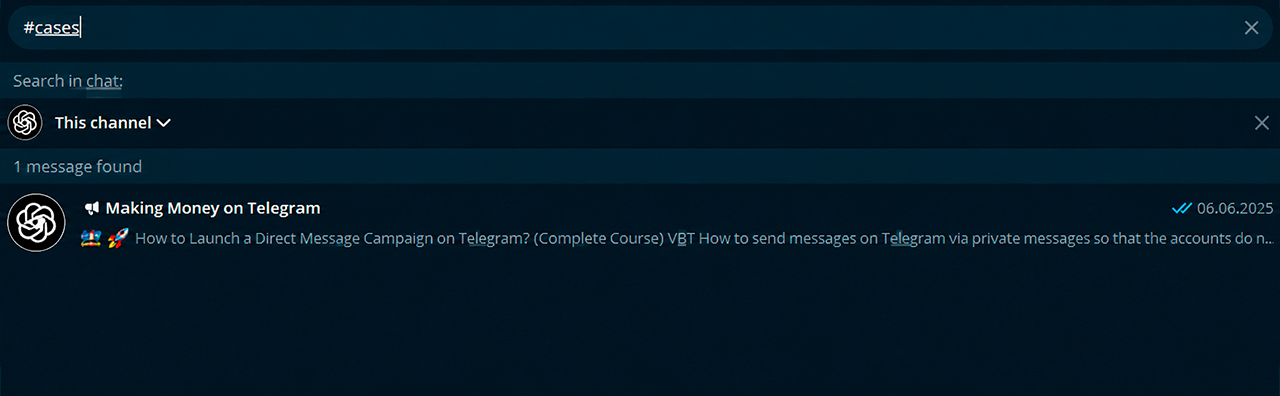 Hashtag search within a Telegram channel or chat