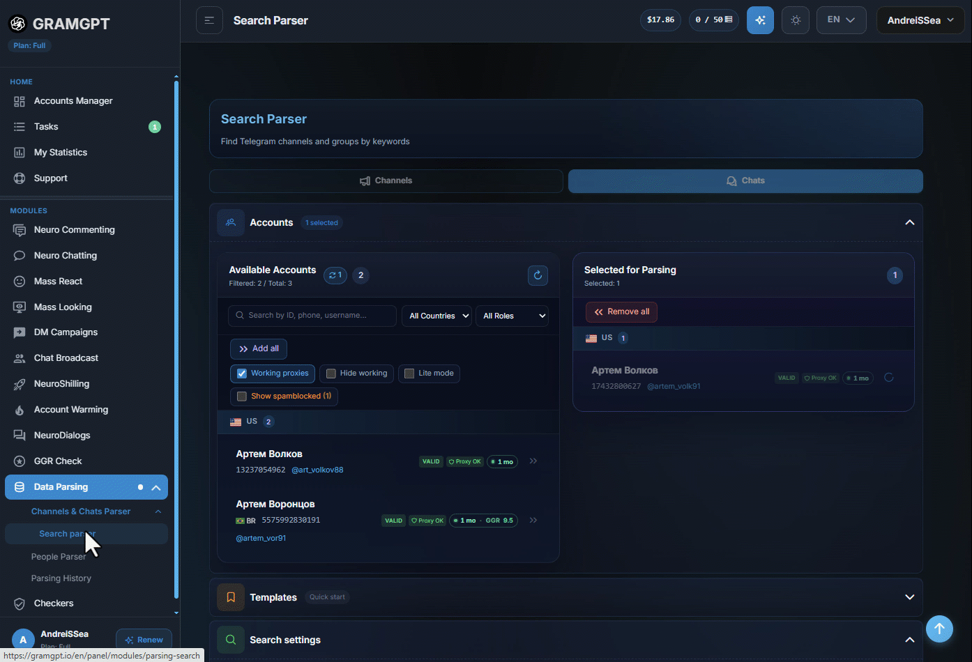 How channel and chat collection works in the GramGPT.io parser