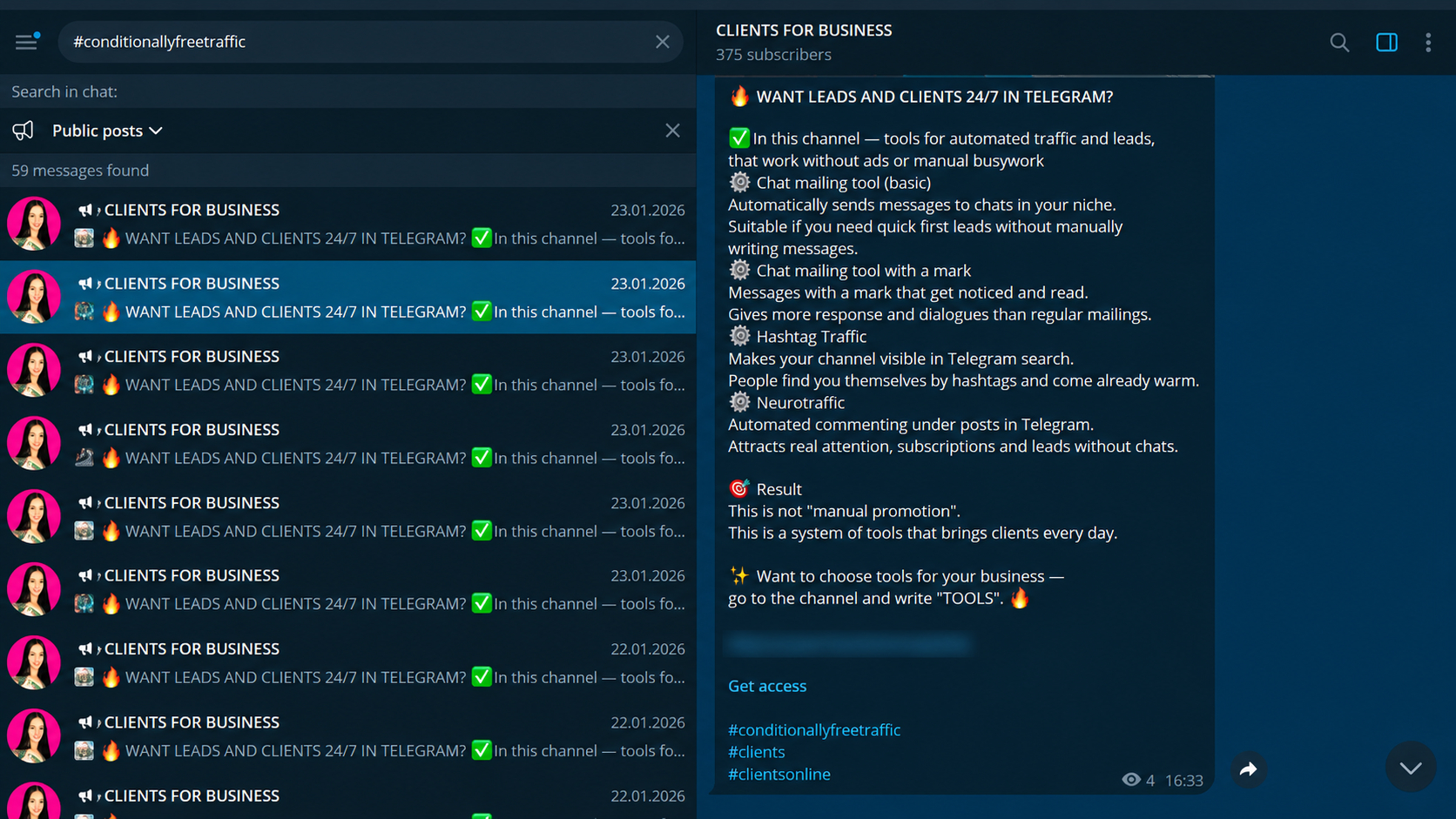 Telegram channel promotion through global hashtags in Telegram search