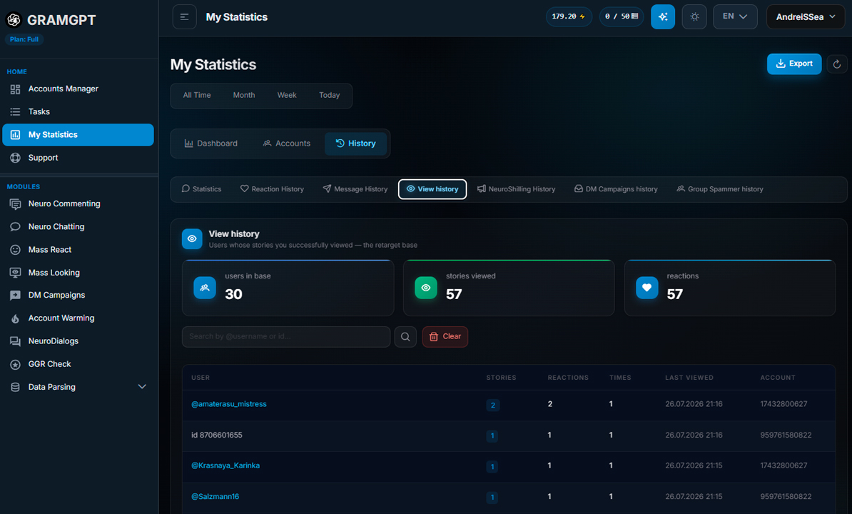 User view history through Mass Looking in GramGPT