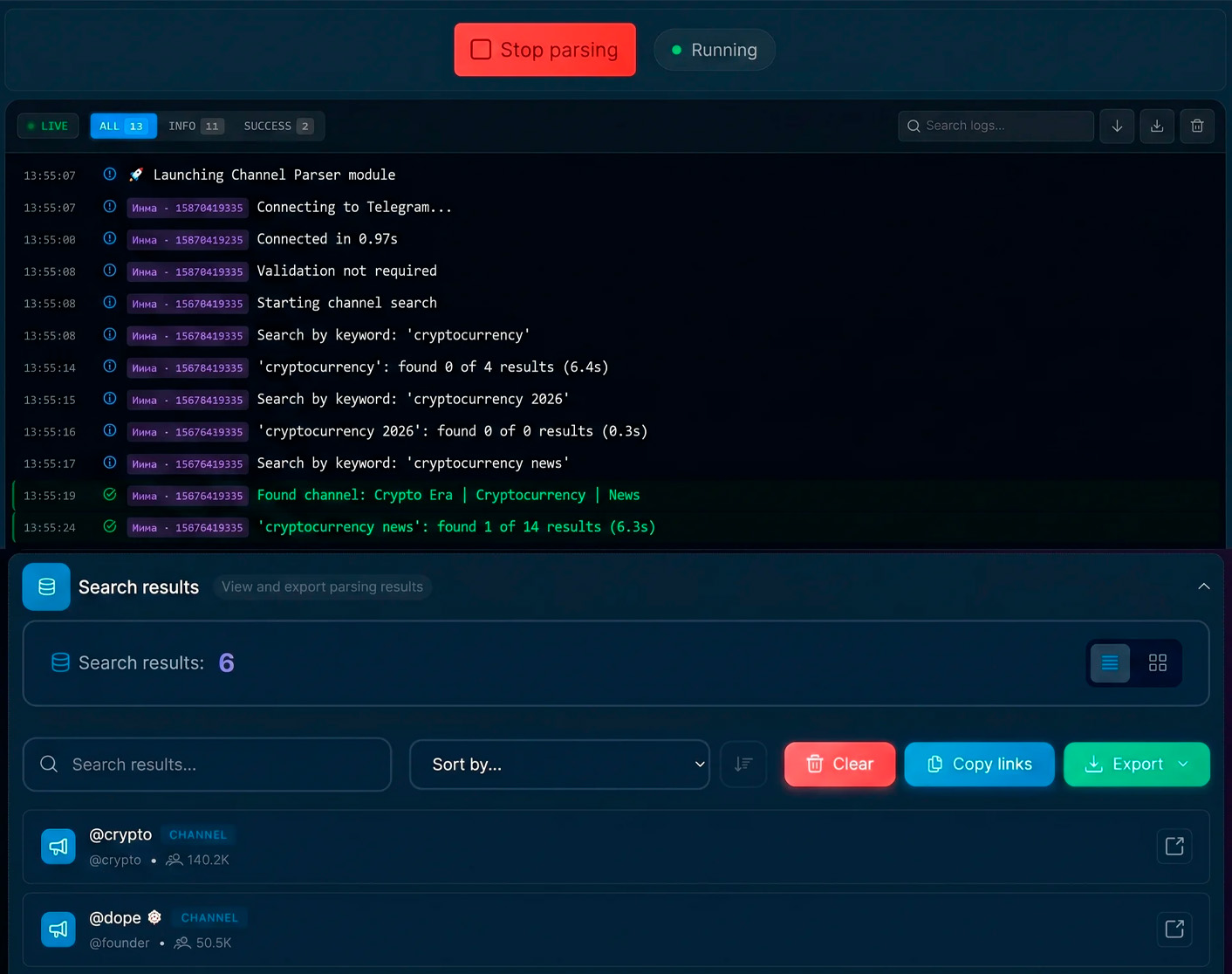 how the Telegram channel parser searches for and selects channels
