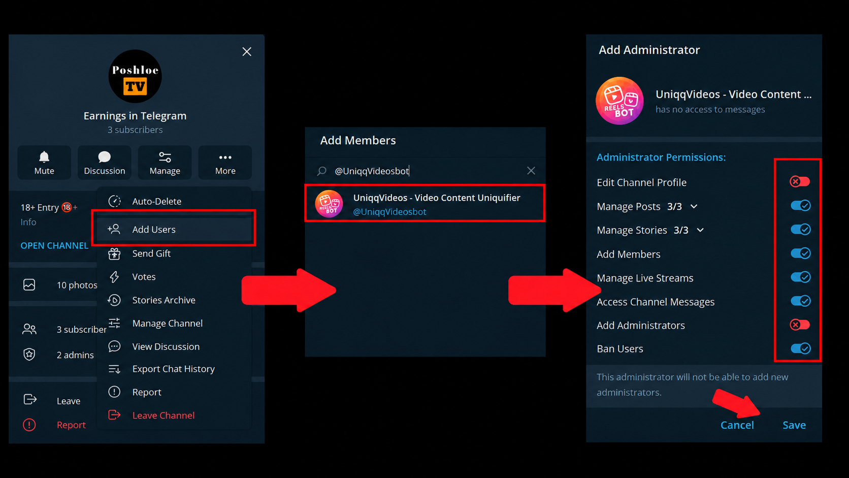 how to add a bot to a Telegram channel, chat, or group and grant it administrator rights