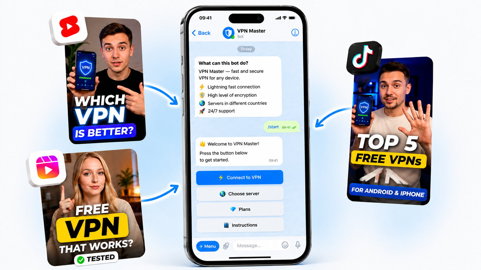 VPN bot promotion in Telegram through TikTok, Reels, and Shorts