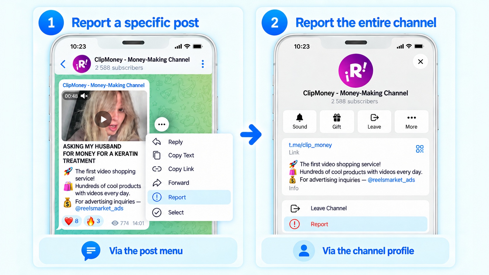 How to report a Telegram channel and a post in it
