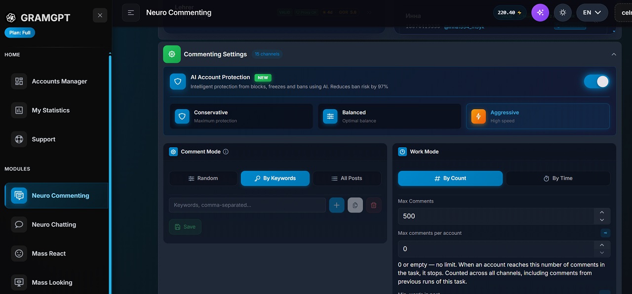 how to set up neuro-commenting to promote a Telegram bot