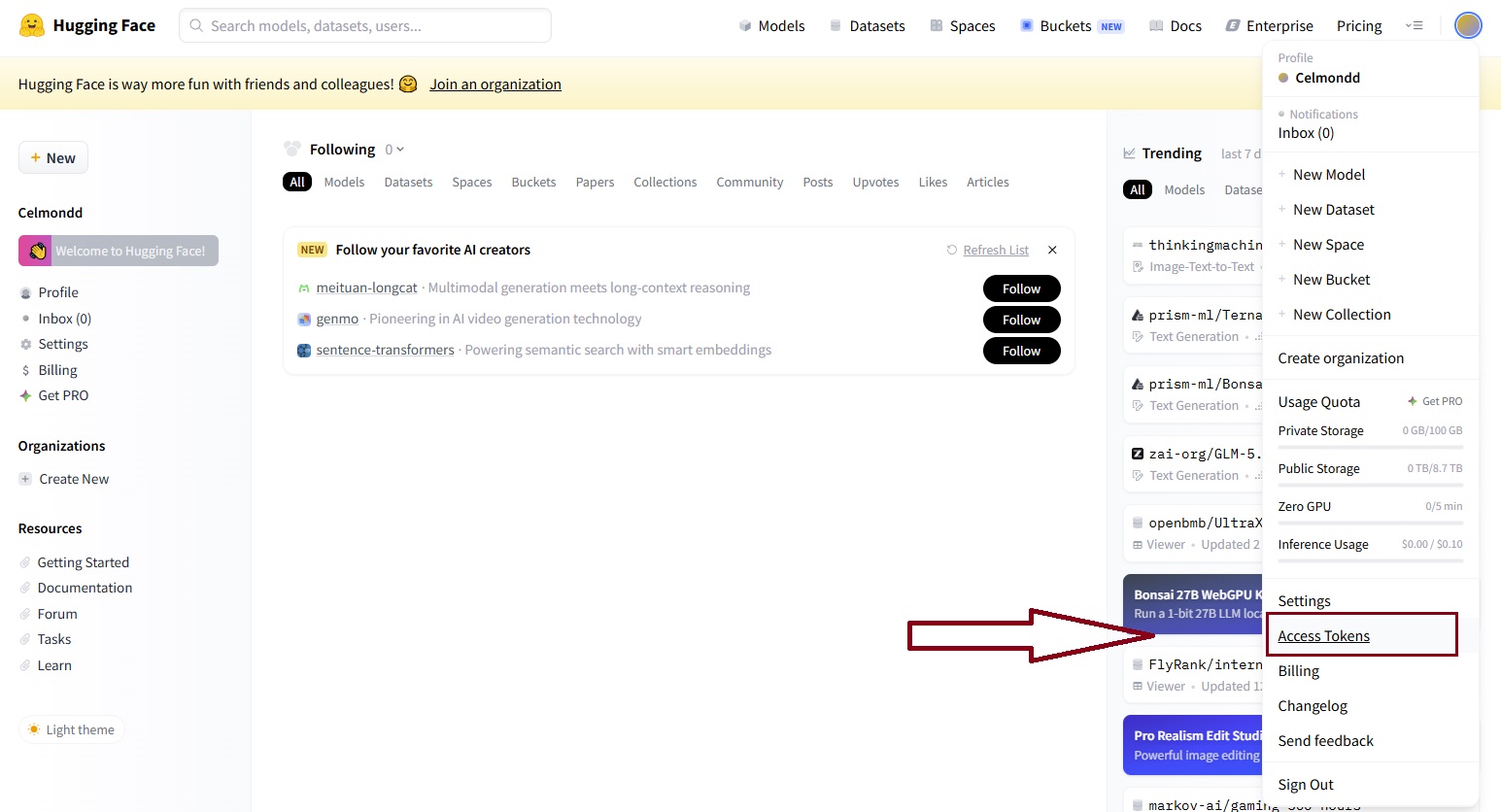 creating an Access Token in Hugging Face