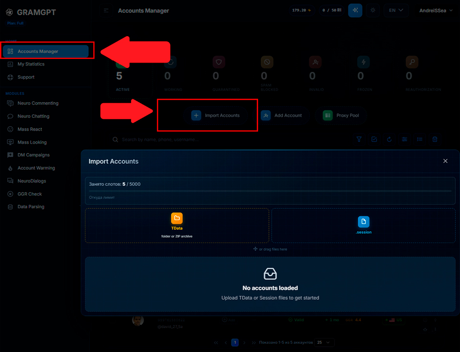 Importing profiles into the GramGPT.io Telegram account manager
