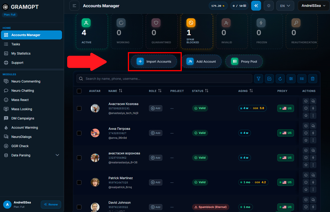 Importing Telegram accounts into GramGPT software