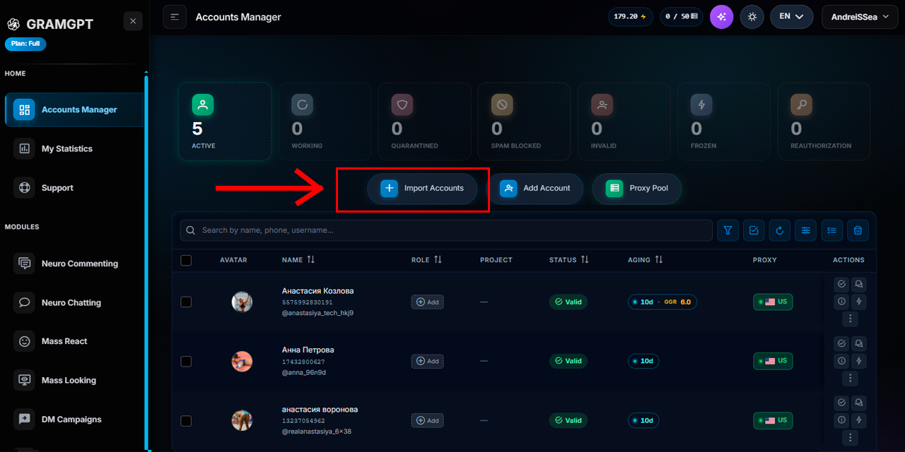 Importing Telegram accounts into GramGPT.io