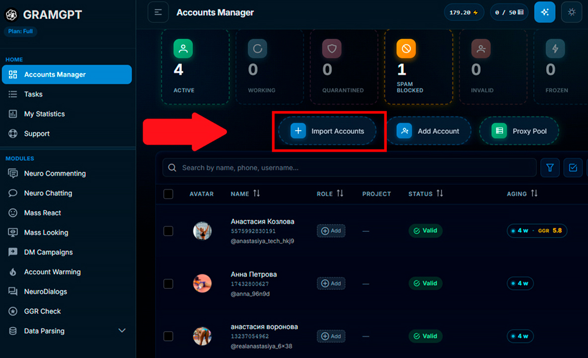 Importing Telegram profiles into the GramGPT.io panel