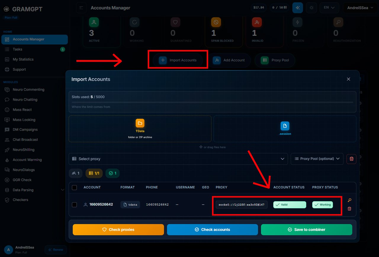 Importing Telegram accounts and proxies into GramGPT.io